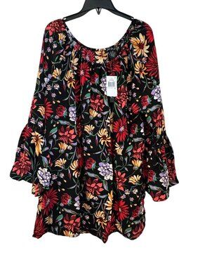 Olivia & Grace Floral Bell Sleeve Tunic Top XL Black Multicolor 100% Polyester W